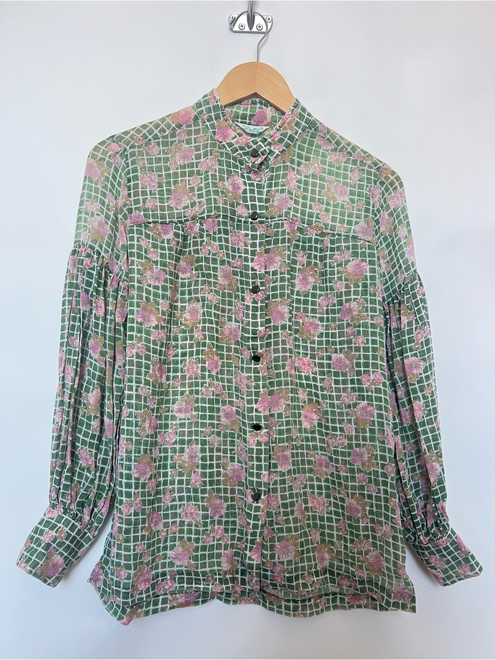 Vintage Patty’s of Texas Green Floral Grid Print Sheer Western Blouse Snap Front
